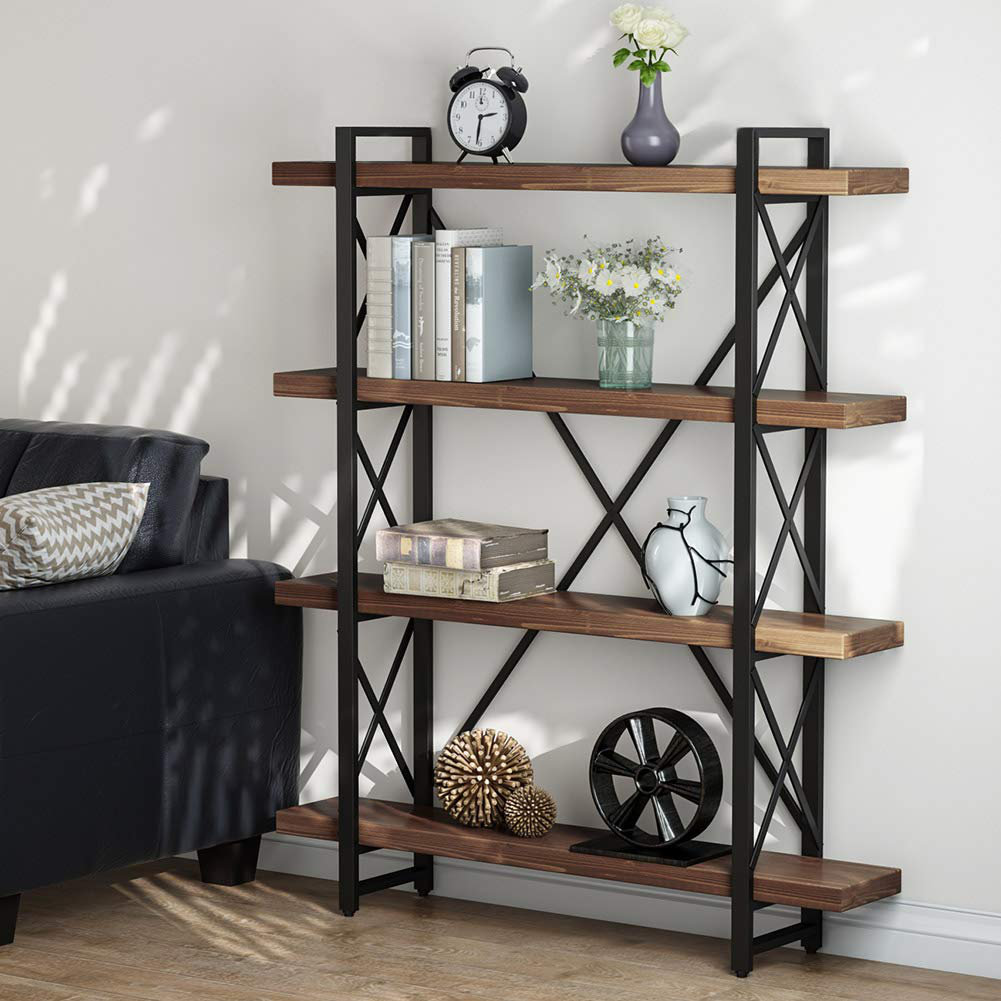5-Shelf Vintage Industrial Bookcase,Wood and Metal Open Bookshelf Antique Nutmeg