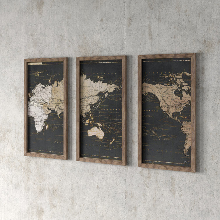 Gold Framed World Map Greyleigh™ World Map In Gold And Gray By Elizabeth Medley - 3 Piece Picture  Frame Graphic Art & Reviews | Wayfair