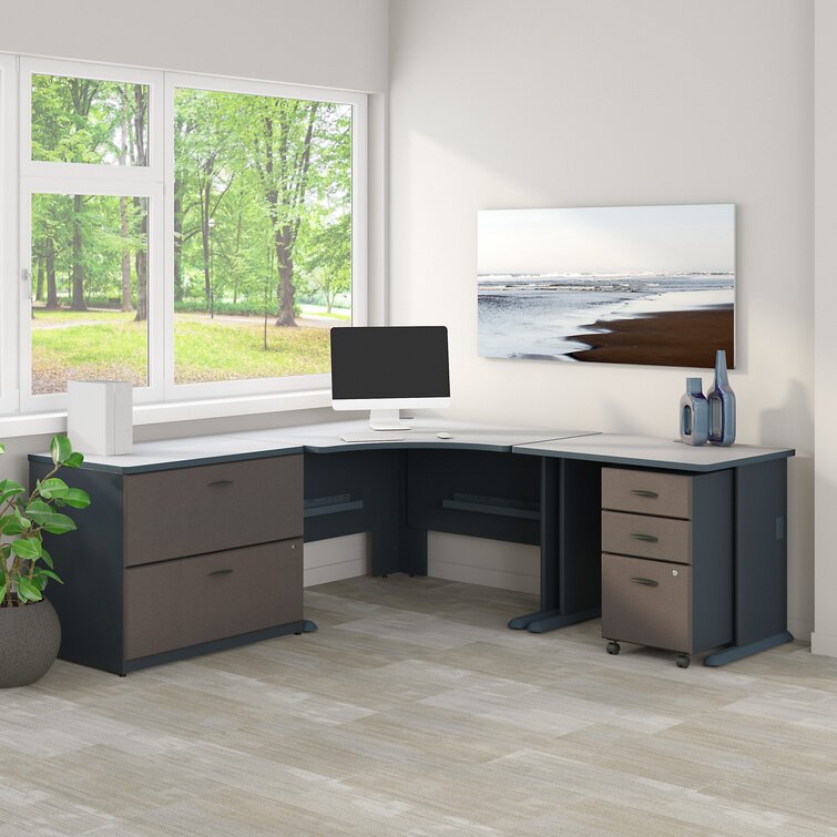 Bush Business Furniture Series A 2 Person Workstation with Corner Desks Hutches and Storage in Slate and White Spectrum 