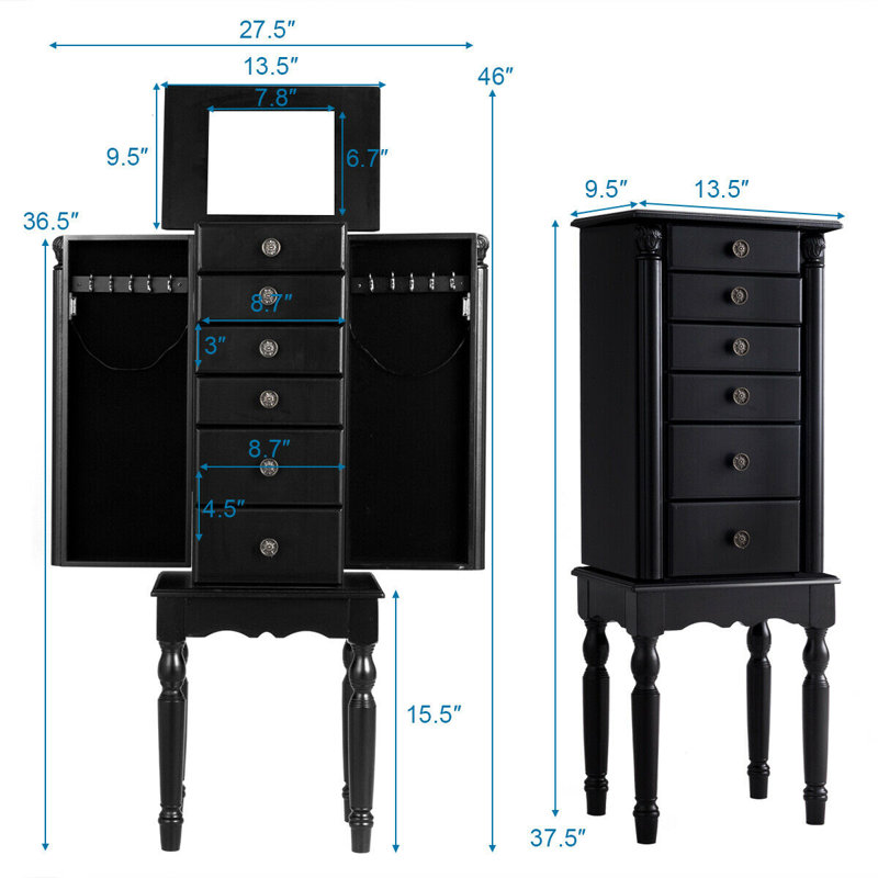 Espresso Ladies Crystal Jewelry Armoire 6 Pull-Out Drawers Mirrored Top Lid
