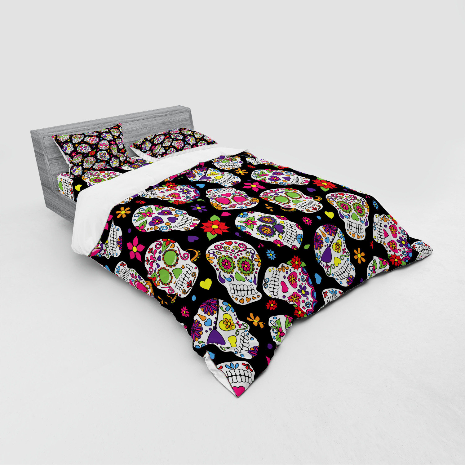 Abstract Skulls Print Black and White Quilted Bedspread /& Pillow Shams Set