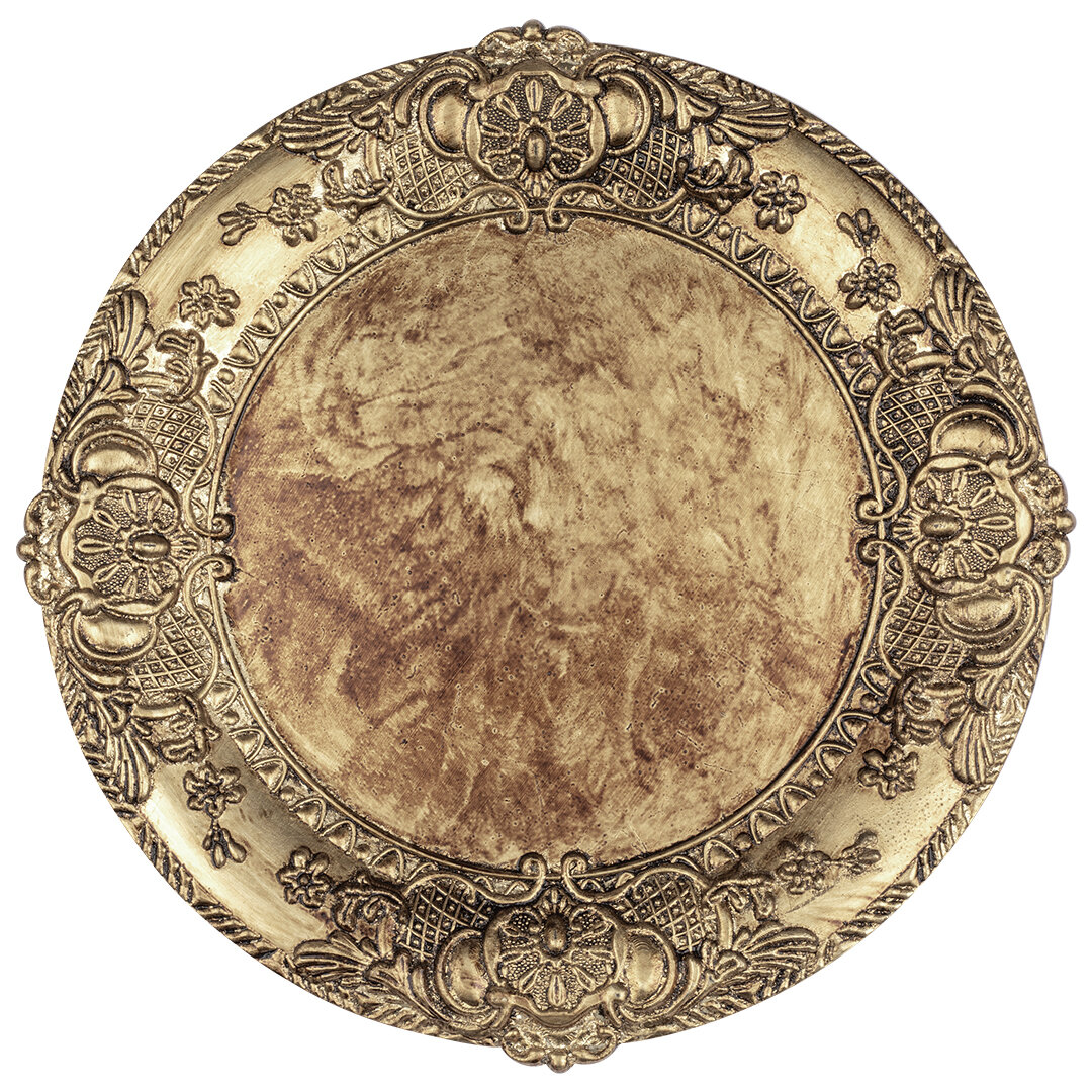 4-Pack French Style Decor Rustic Farm Table Decor Gold Ornate Charger Plates Koyal Wholesale Antique Embossed Charger Plates 