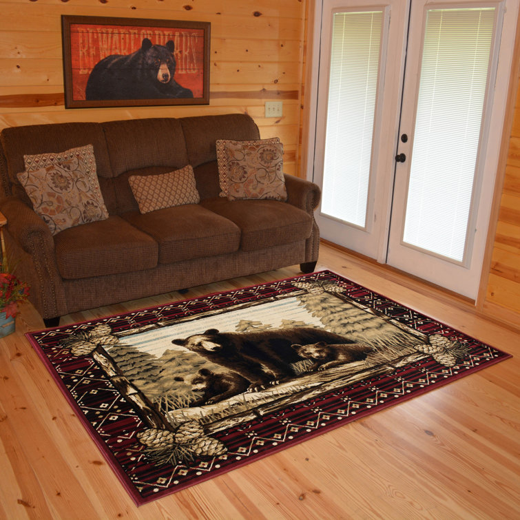 5' Round Lodge Cabin Rustic Bear Pine Red Area Rug *FREE SHIPPING* 