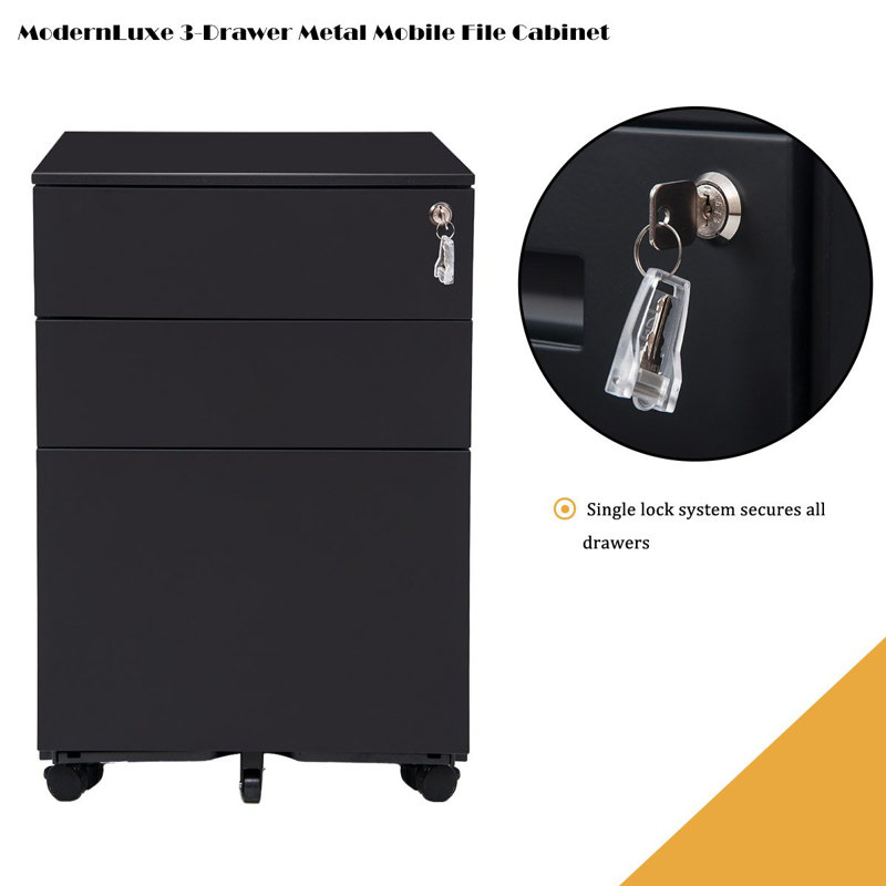 Inbox Zero Three Drawer File Cabinet Mobile Metal Lockable File Cabinet Under Desk Fully Assembled Except For 5 Castors Black Wayfair