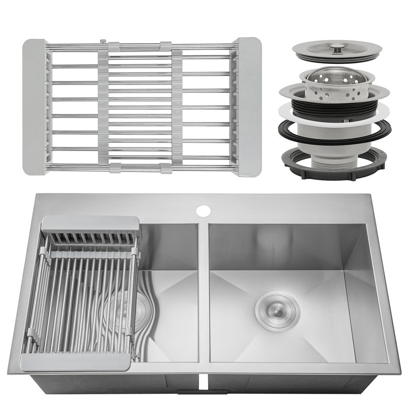 AKDY 33" x 22" Double Basin Drop-In Kitchen Sink with ...