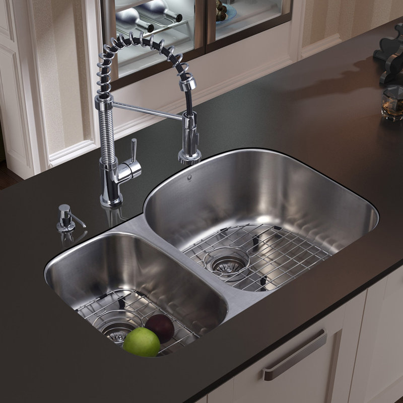 31 Inch Undermount 70 30 Double Bowl 18 Gauge Stainless Steel Kitchen Sink With Edison Chrome Faucet Two Grids Two Strainers And Soap Dispenser