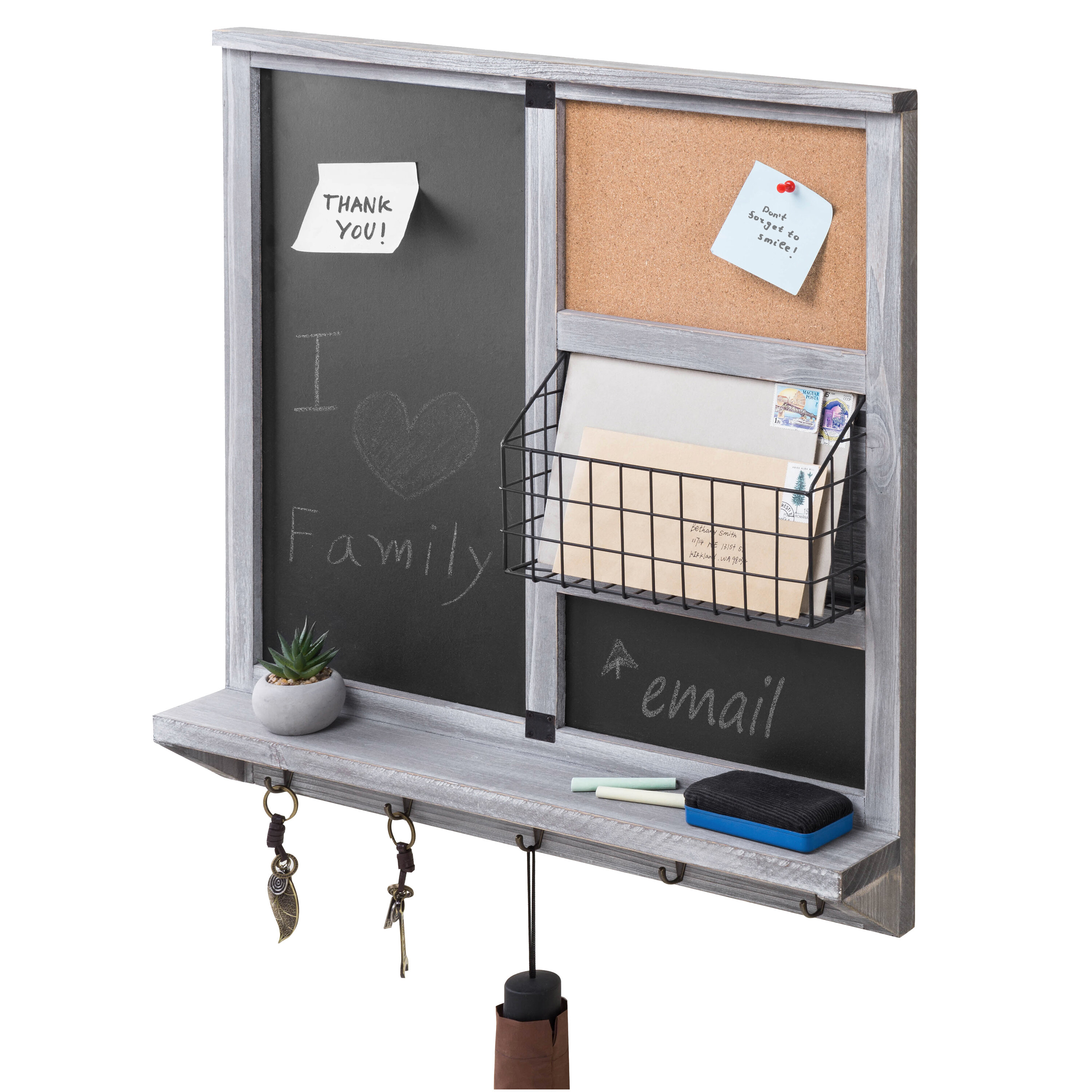 MyGift 2 Slot Vintage Gray Wood Wall Mail Rack with Chalkboard and 8 Key Hooks 
