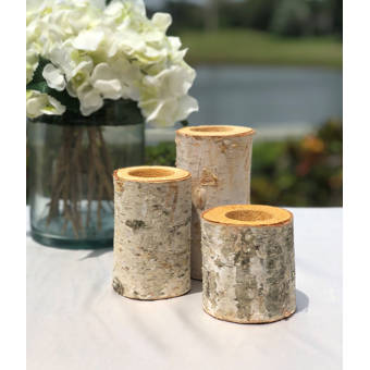 Ebern Designs 3 Piece Birch Bark Log Small Wood Tealight Holder