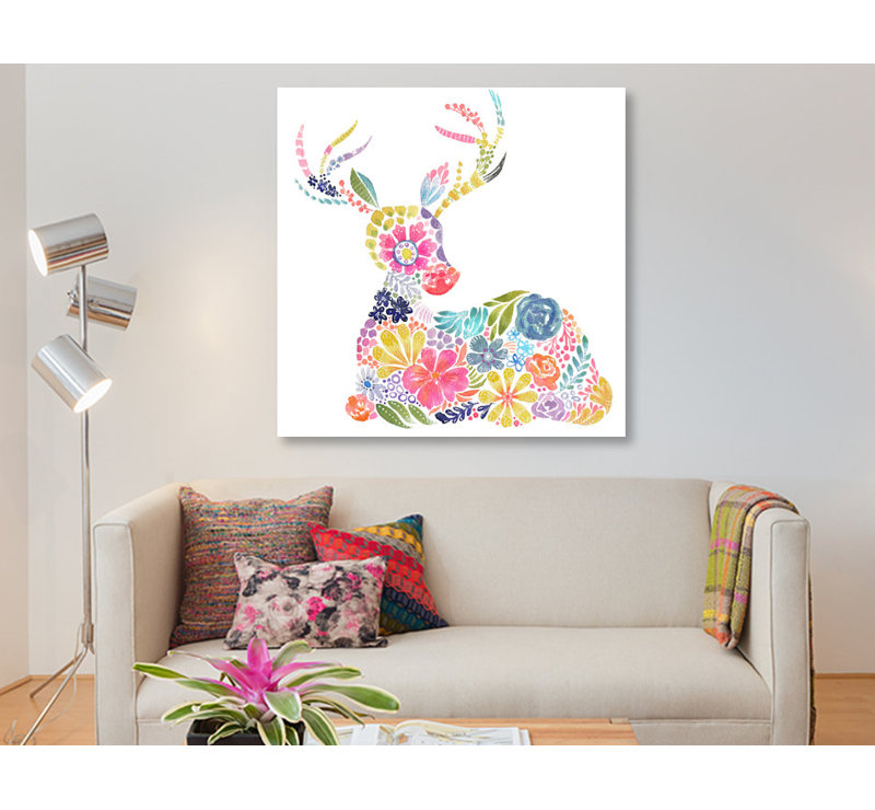 East Urban Home Floral Silhouette Deer Painting On Wrapped