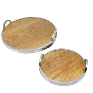 2 Piece Round Oak/Silver Serving Tray Set