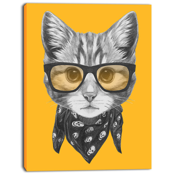 Designart Funny Cat With Glasses And Scarf Graphic Art On Wrapped Canvas Reviews Wayfair