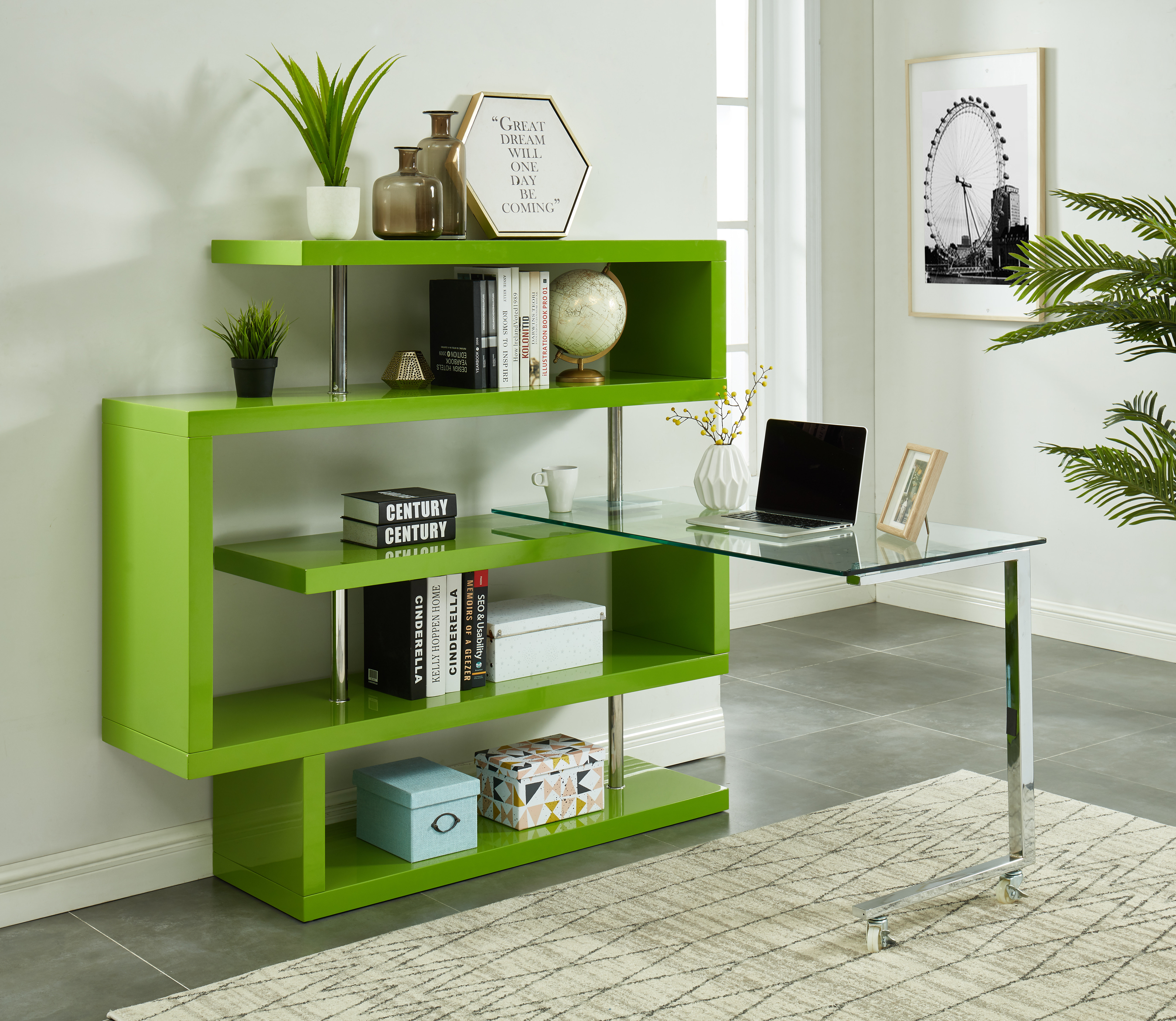 l shaped glass desk with shelf