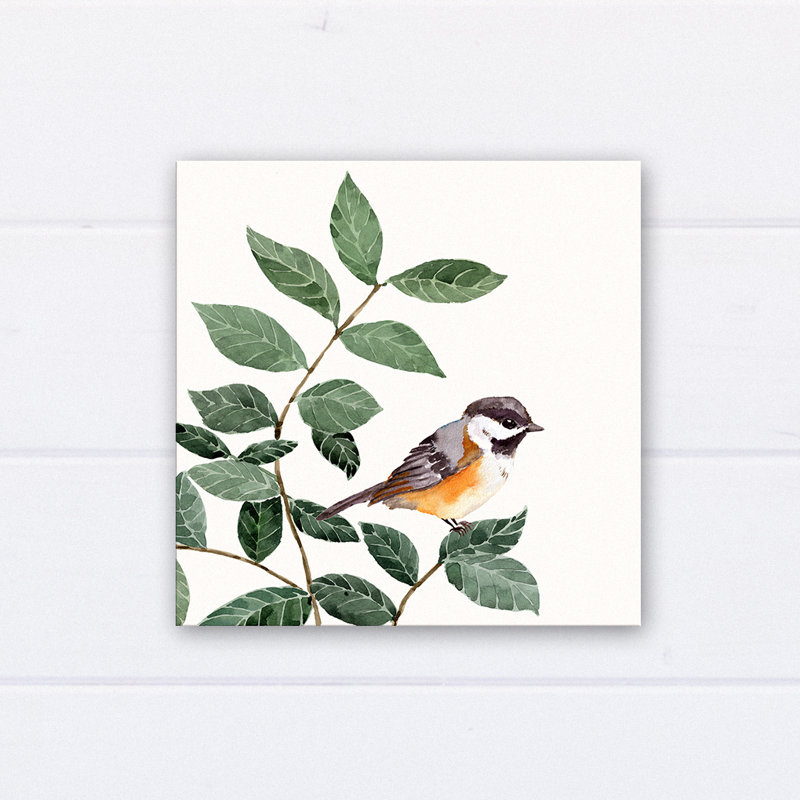 Gracie Oaks Watercolor Bird Perched On Leaves Wrapped Canvas