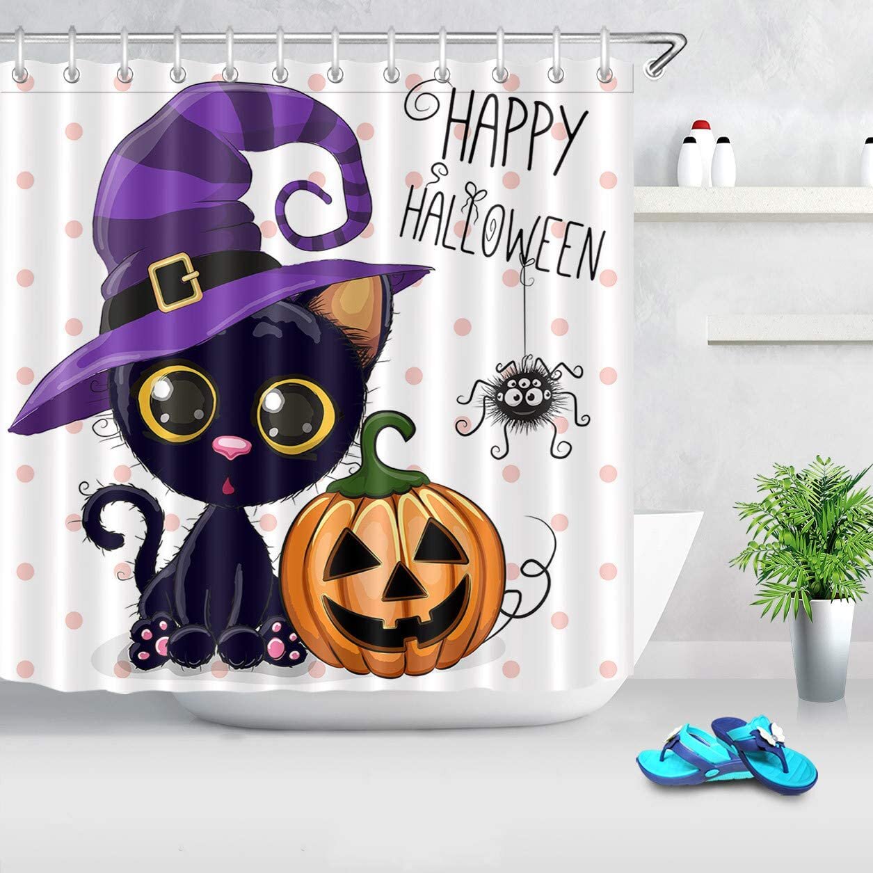 Waterproof Bathroom Shower Curtain Hallowee Pumpkin Polyester Fabric w/Hooks 72" 