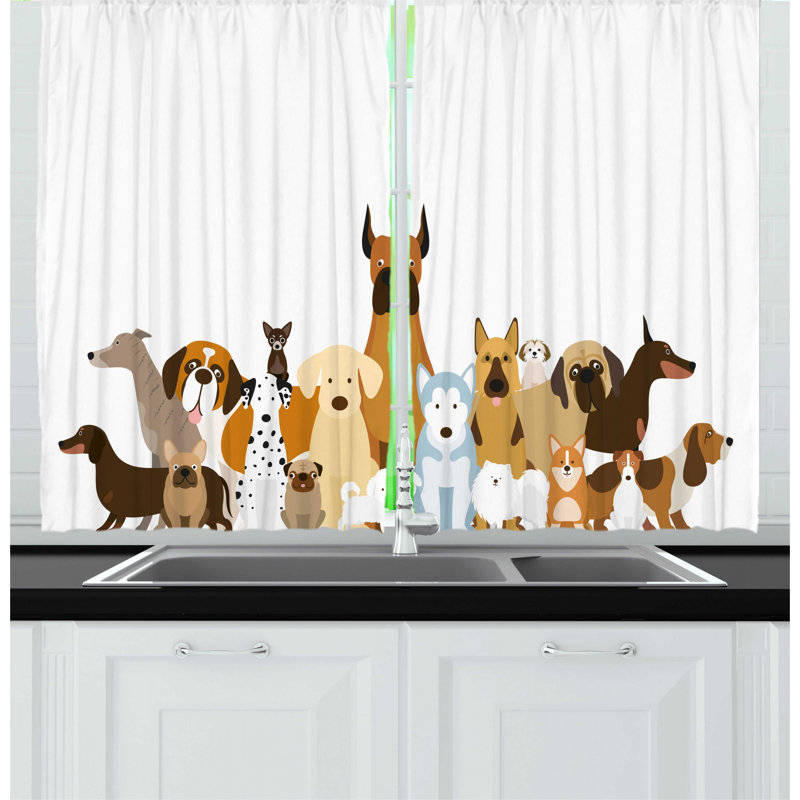 East Urban Home 2 Piece Dog Lover Cartoon Illustration Of Funny Pet Breeds In Various Sizes And Sides Graphic Kitchen Curtain Set Wayfair