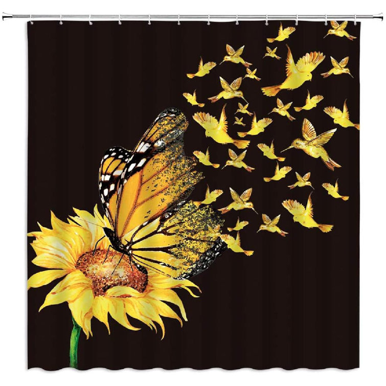 Creative Sunflower Bathtub Yellow Butterflies Shower Curtain Set Bathroom Decor 