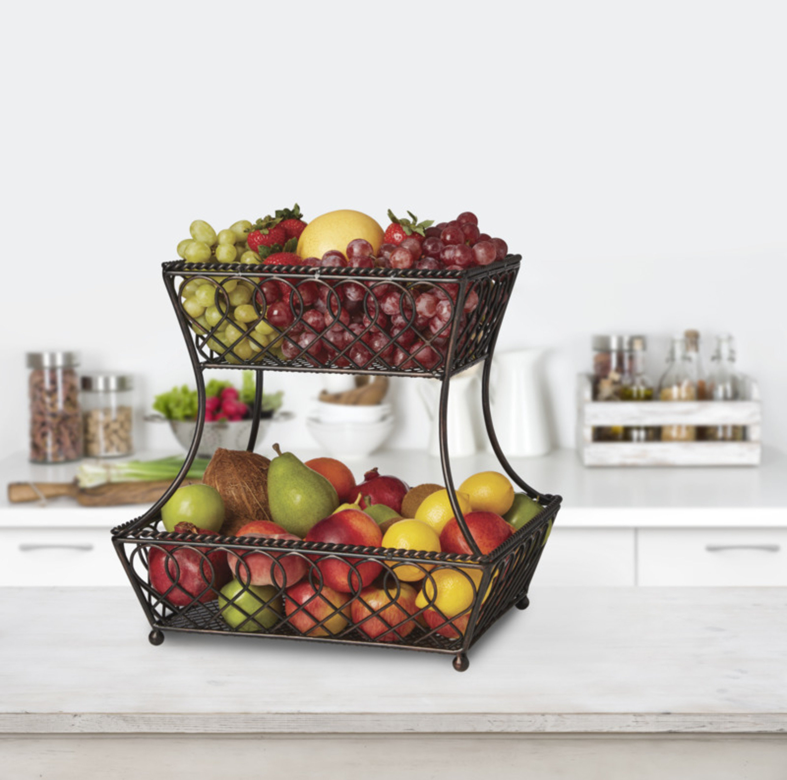 Stainless Steel 2 Tier Wire Fruit Basket Bowl for Kitchen Counter Stand with Bread