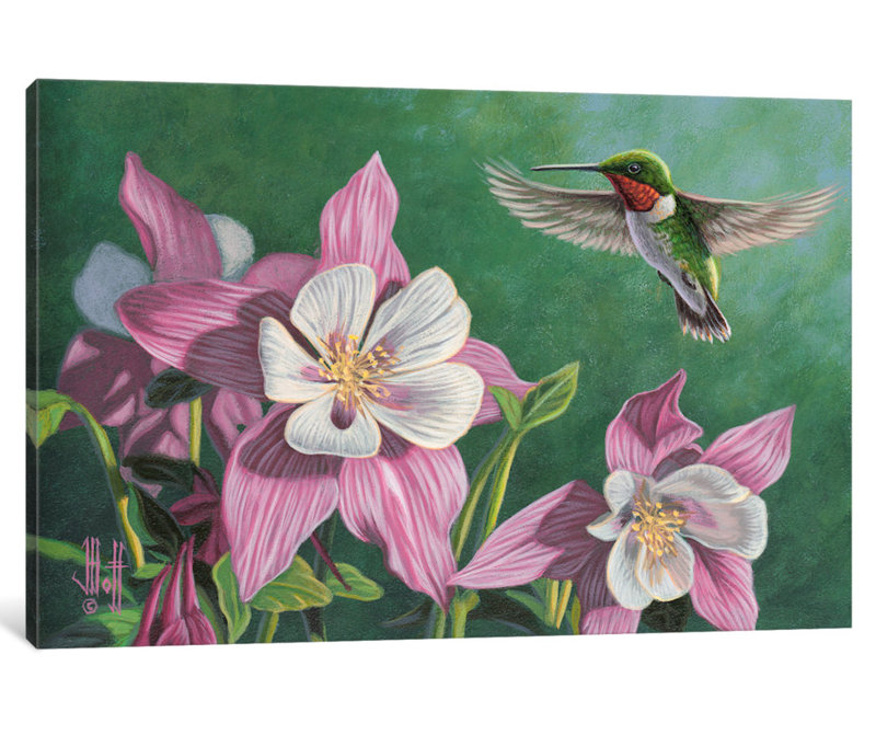East Urban Home Hummingbird And Pink Columbines Painting Print