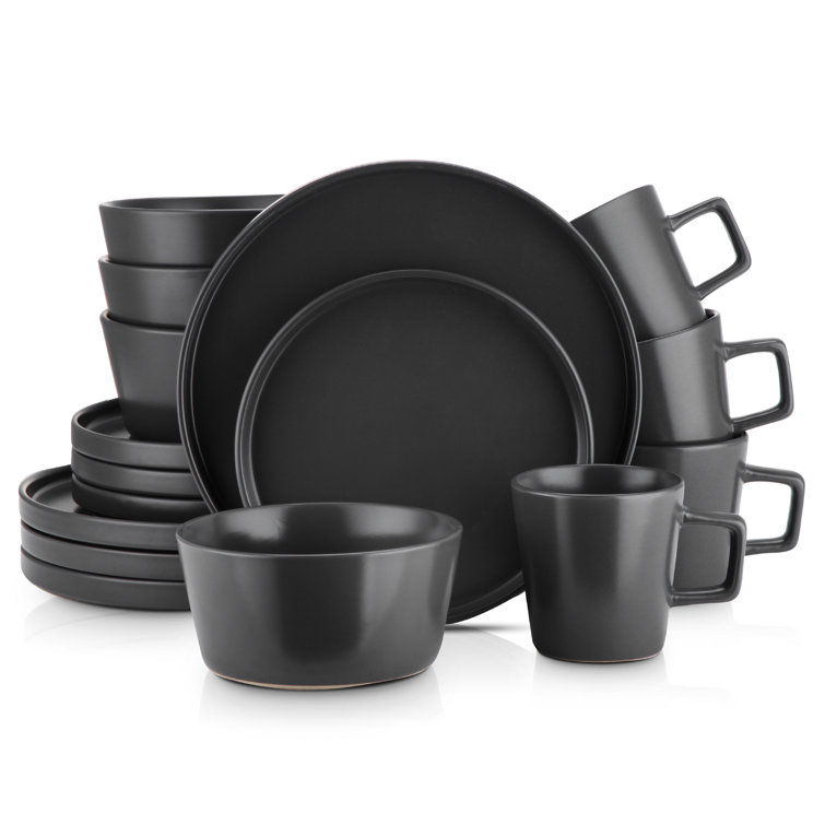 16Pc Porcelain Crockery Dinner Plates Deep Bowls Set Tableware Dinnerware Grey