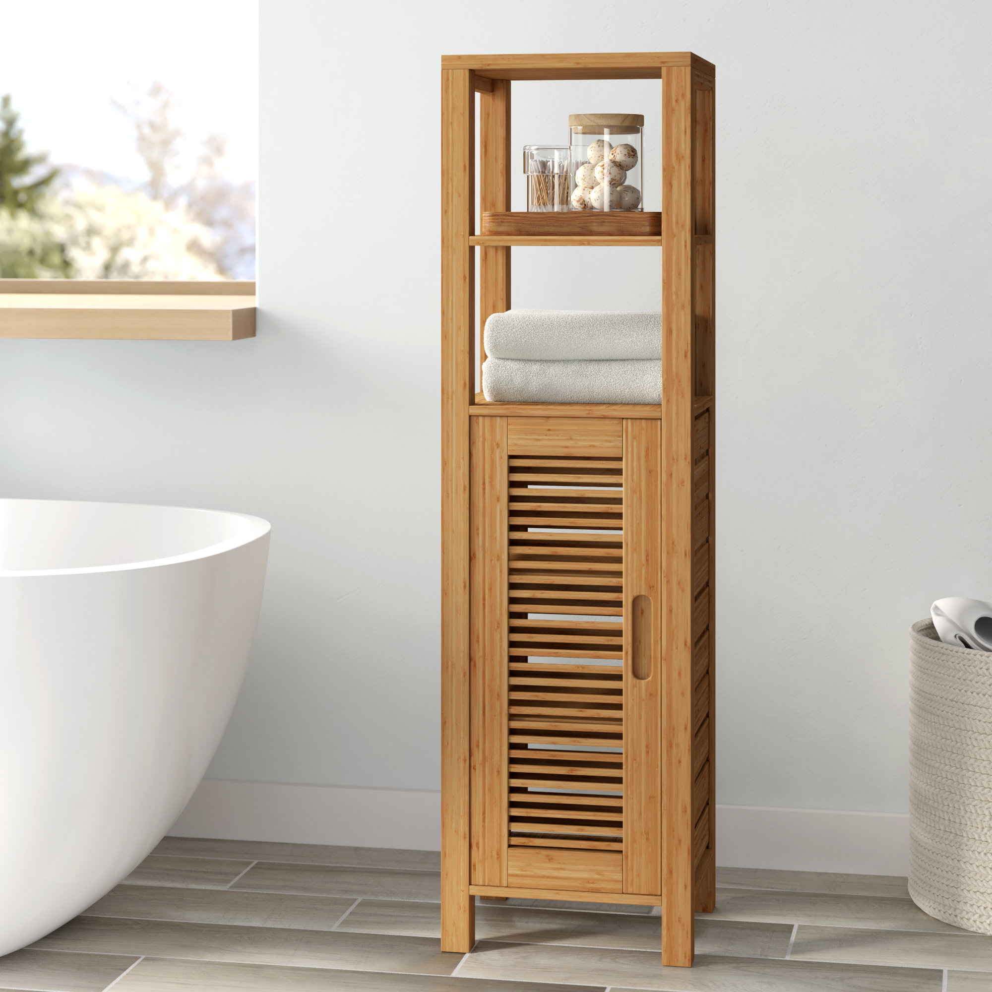 Bamboo bathroom storage tower