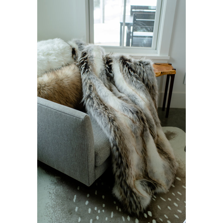 Silver Wolf Throw Neutral Faux Fur Luxury Blanket Or velvet Cushion Cover Grey