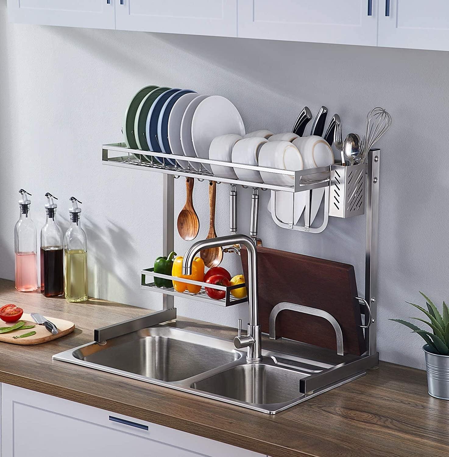 Over Sink Dish Drying Rack Drainer Shelf Stainless Steel Cutlery Holder Kitchen