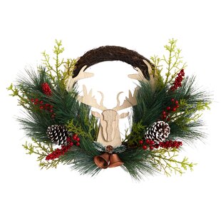 Deer Antlers Holiday Wreath With Iced Greenery Handmade Deco Mesh 