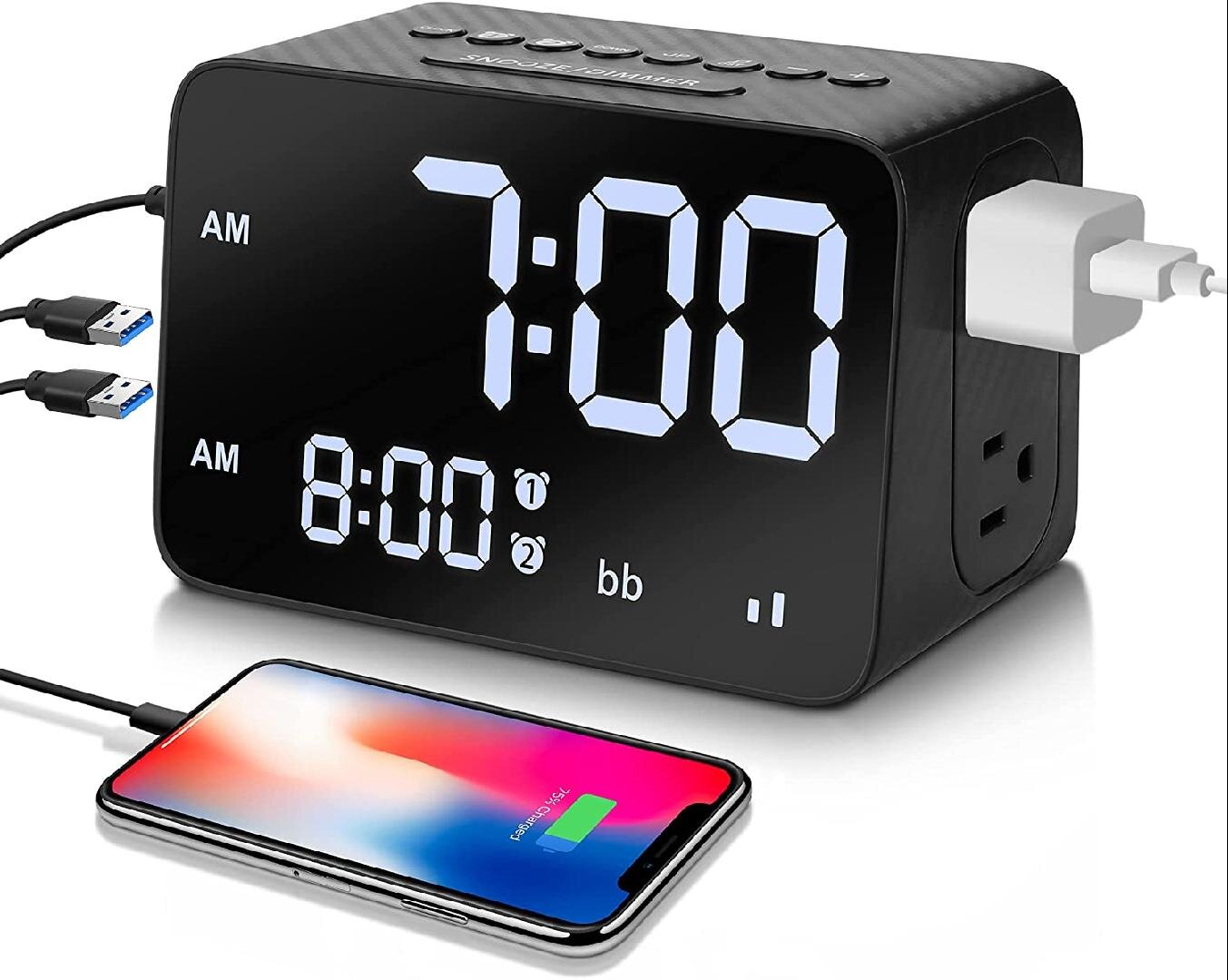 USB Digital LED Desk Alarm Clock bluetooth QI Wireless Charger For Smart 
