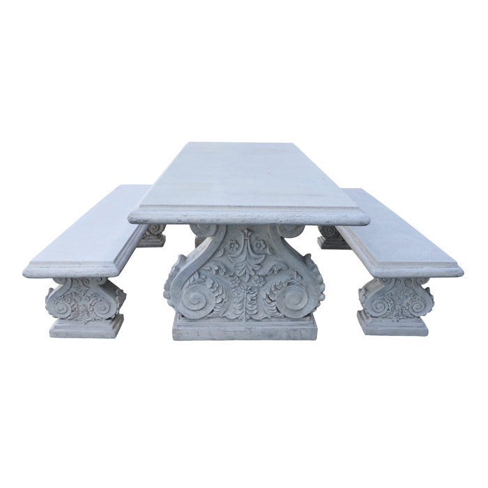 One Allium Way 2 Piece Classic Acanthus Stone Garden Bench Set