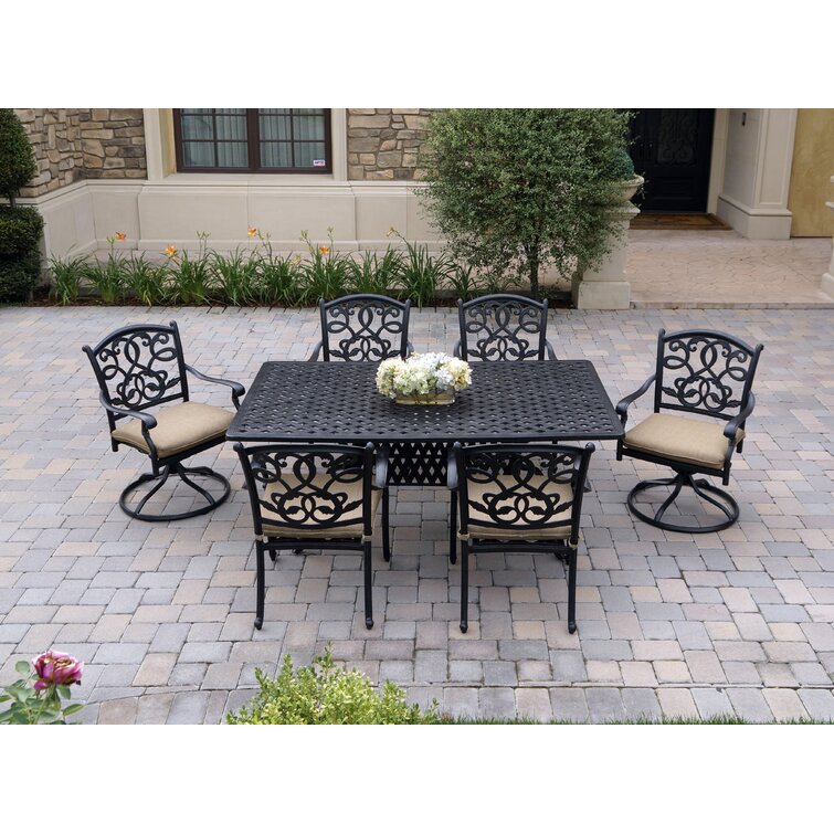 DOMI OUTDOOR LIVING Traditions Cast Aluminum 9-Piece Dining Set with Seat Cushions and 63-Inch Square Dining Table Antique Bronze Finish