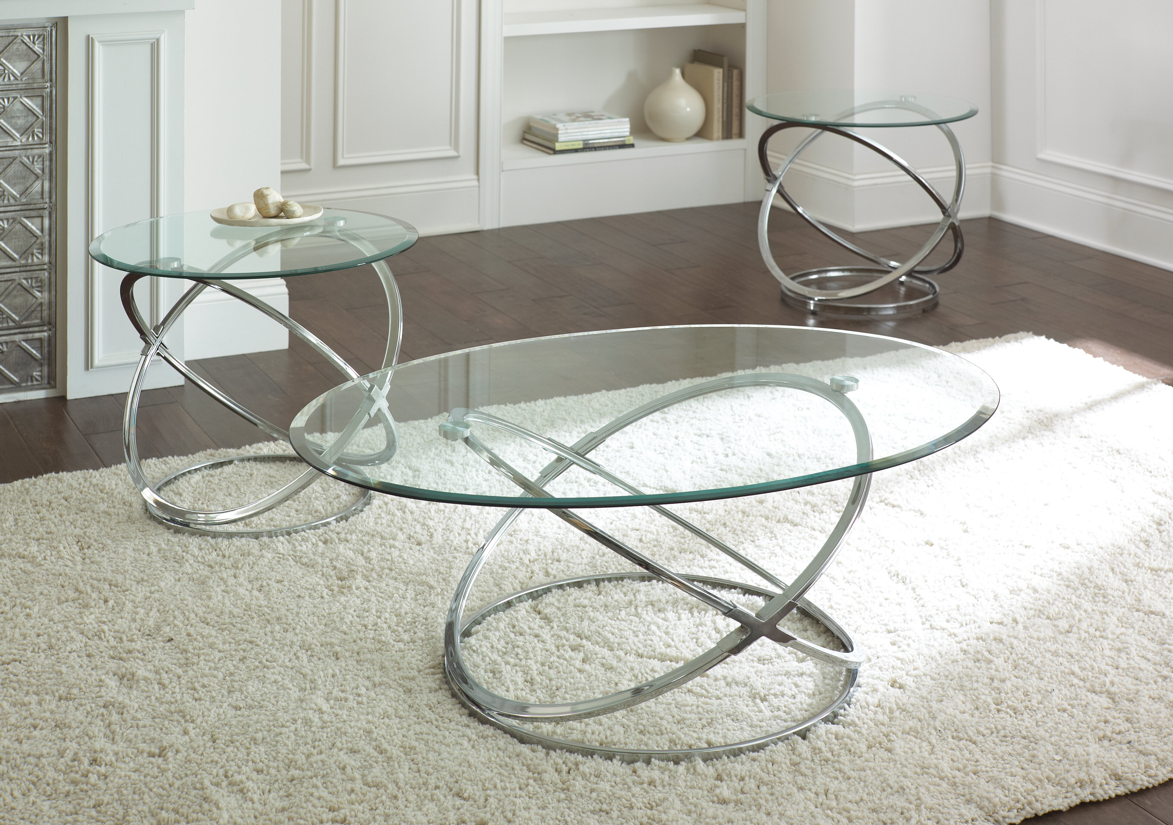 3PCS Modern Coffee End Table Set with a clear glass top and silver arched legs 