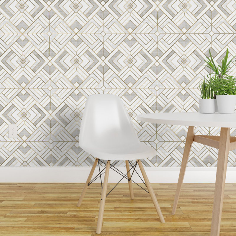 Ivy Bronx Geometric Wallpaper Vintage Deco White Gold White