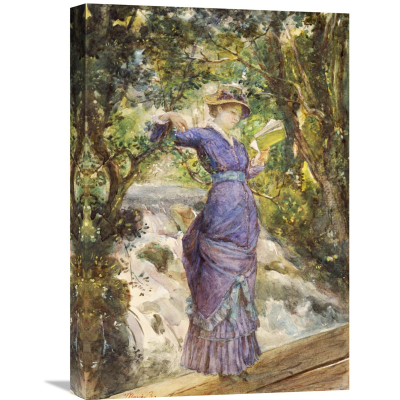 Global Gallery Girl Reading By A Waterfall By Maria