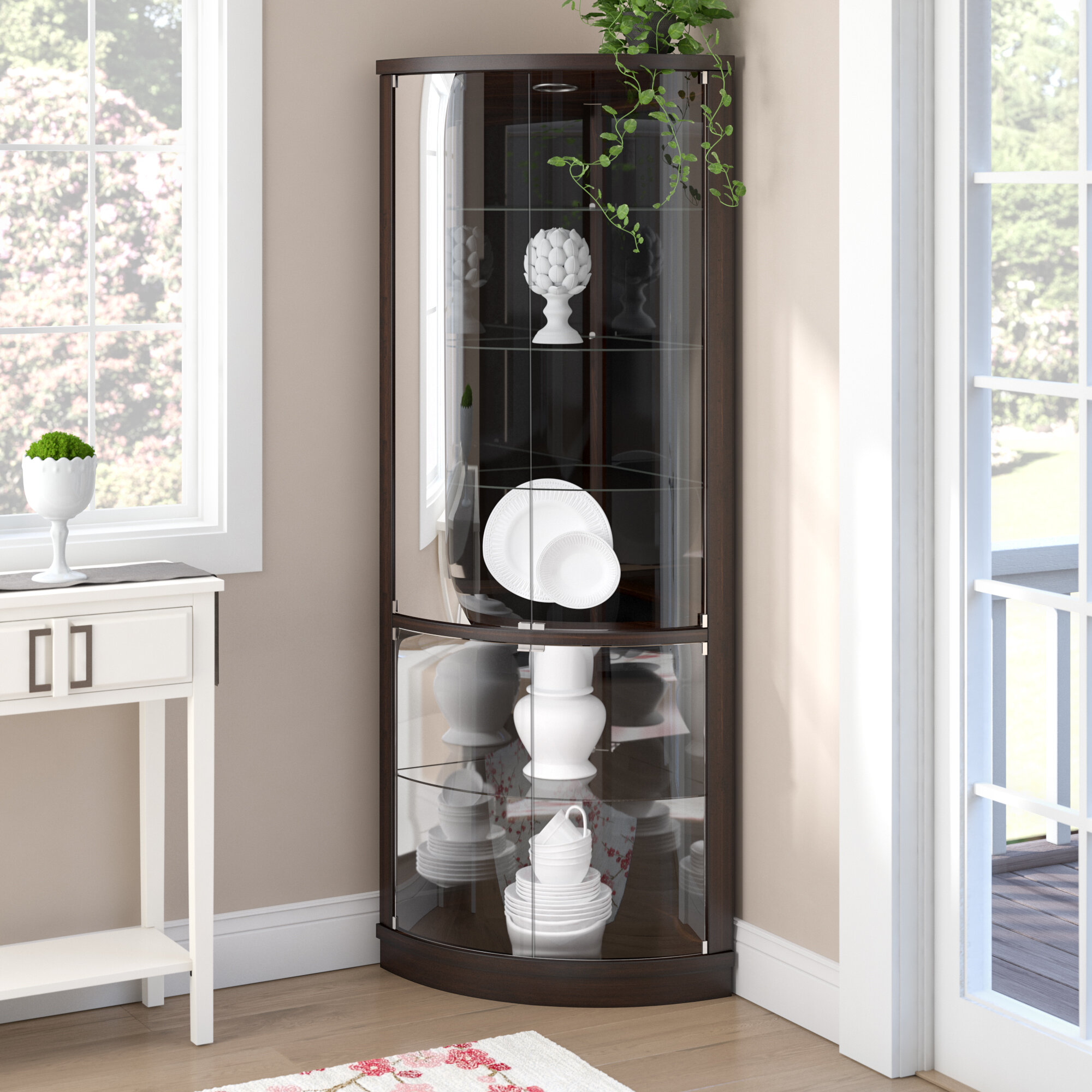 Fully Assembled HOME Corner Glass Door Display Cabinet Beech with 4 Moveable Glass Shelves /& Spotlight