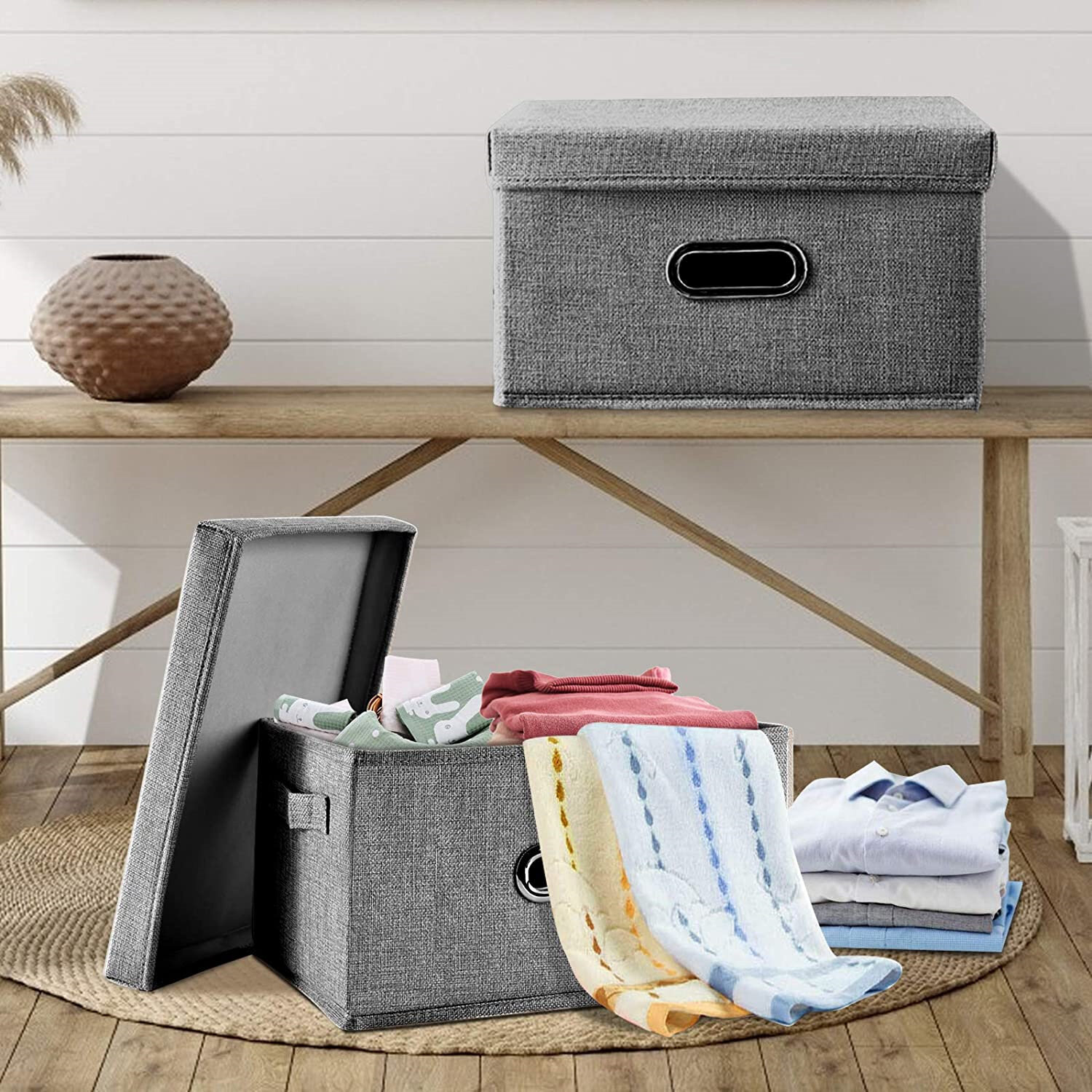 4xFoldable Storage Boxes with Lid Collapsible Home Clothes Organizer Fabric Cube