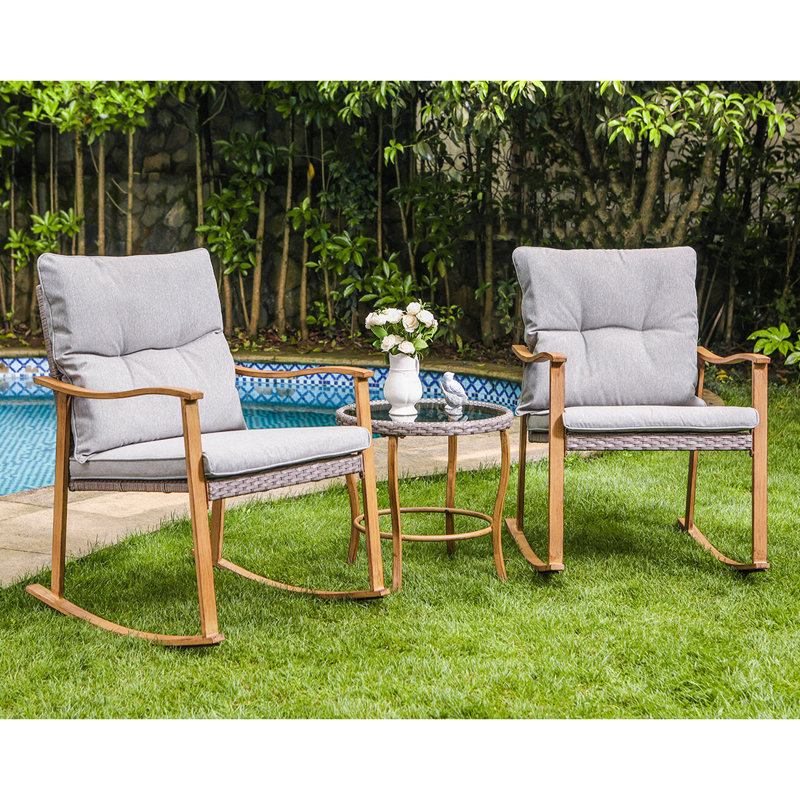 Highland Dunes 3 Piece Outdoor Patio Furniture Faux Woodgrain Rocking Chairs W Warm Grey Cushions Round Glass Top Table Bistro Set Reviews Wayfair Ca