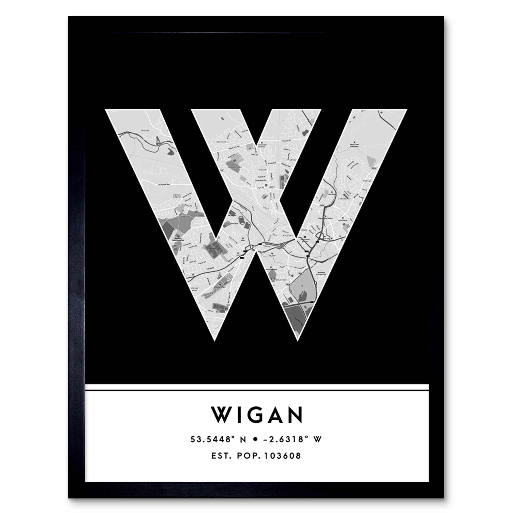 Wee Blue Coo Wigan City Map Wigan Black & White by Wee Blue Coo