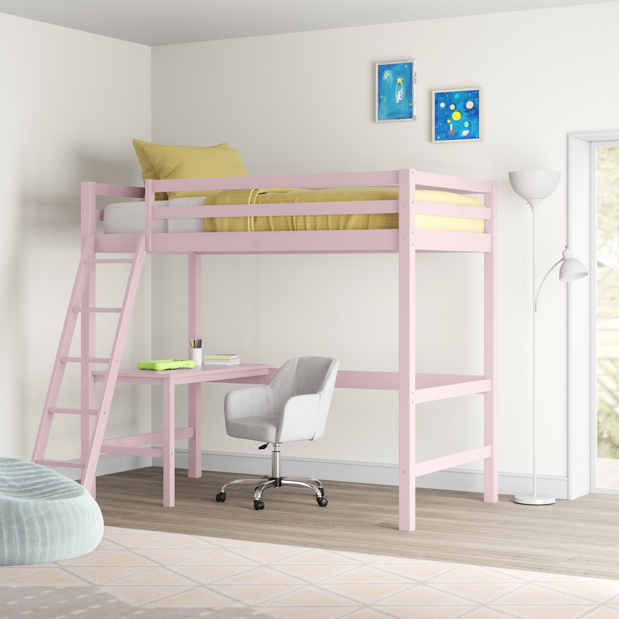 Loft Bed Over Desk With Ladder Kids Teen Bedroom White Sturdy metal Furniture 