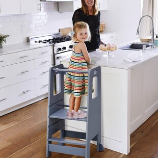 White Solid Wood Construction Mangohood Kitchen Helper Step Stool for Kids and Toddlers with Safety Rail Children Standing Tower for Kitchen Counter Mothers Helper Kids Learning Stool 
