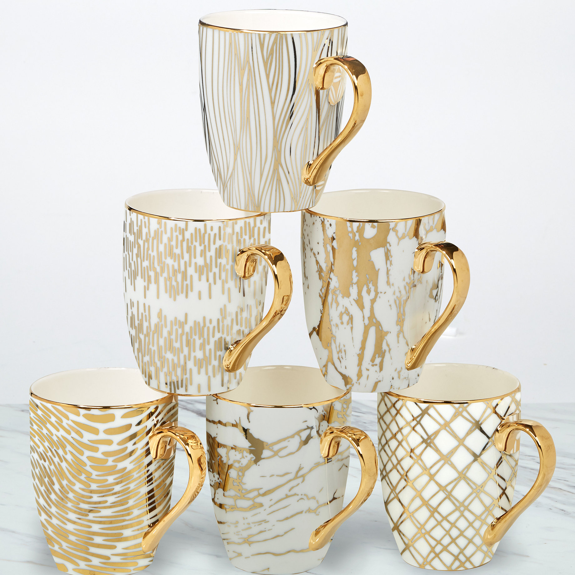 GOLD 6 Piece Mcwhorter Mug Set  Cups Tea Coffee NEW