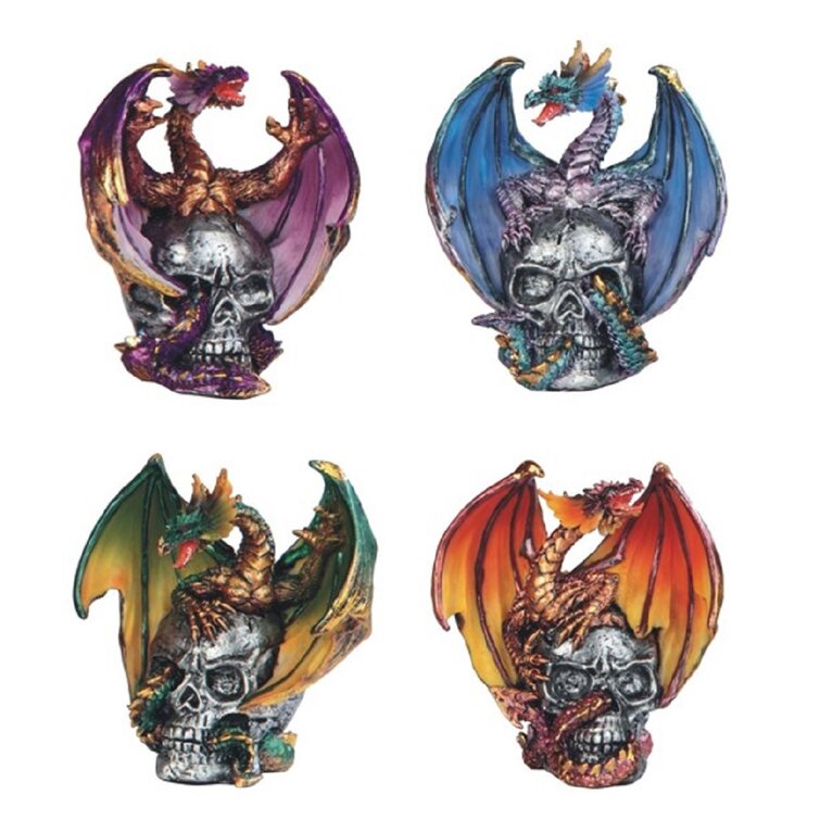 Set of 4 Steampunk Dragons on Skuls Figurines Ornaments Office Decor