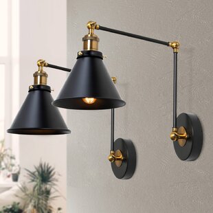 Set of Two 2 Lights Plug-in Cord Industrial Wall Sconce Black Finish