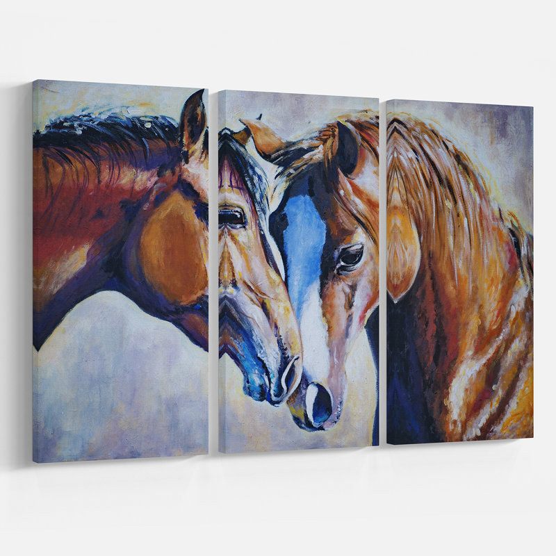 Designart Brown Amorous Horses 3 Piece Painting Print On Wrapped
