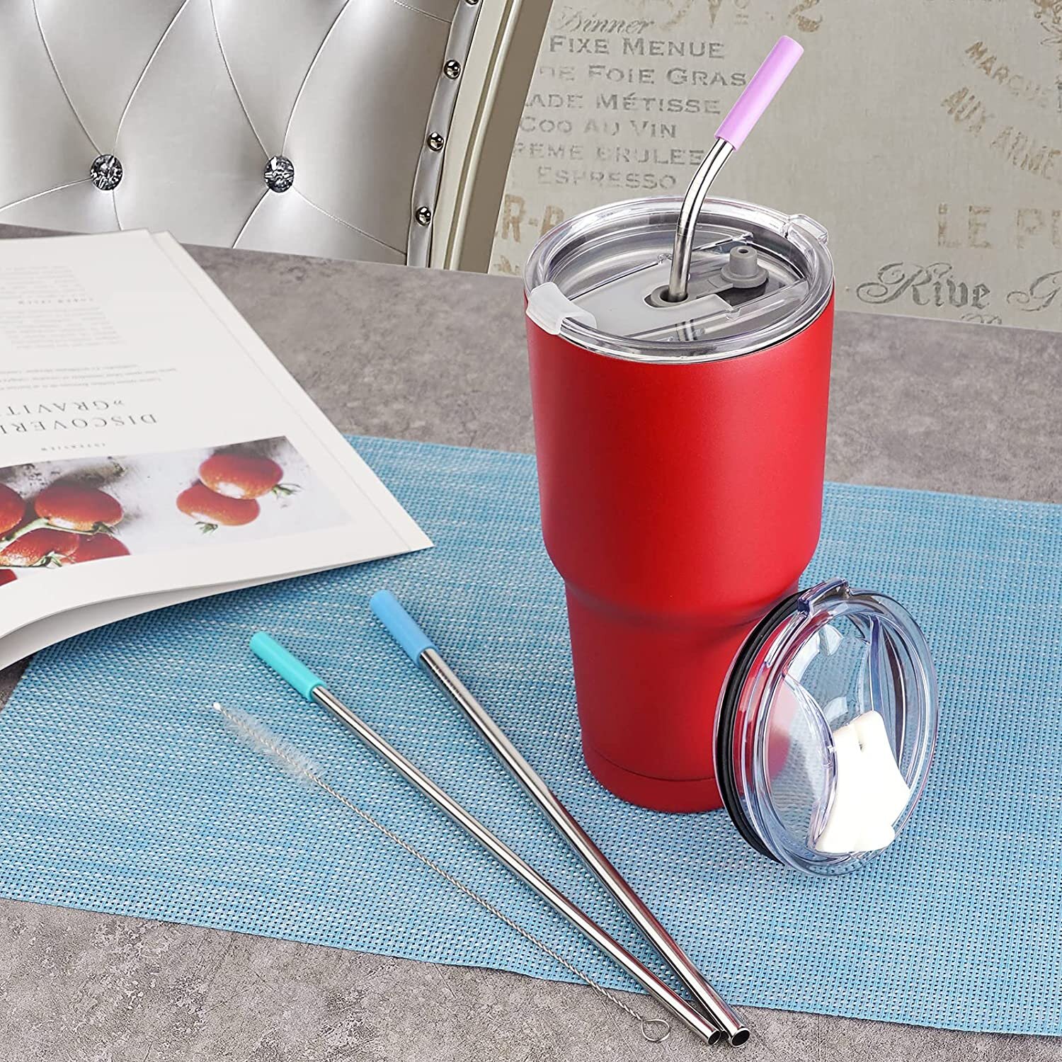 3 Straws & 1 Brush SIMPLE DRINK Stainless Steel Insulated Tumbler 2.0 20oz Travel Coffee Mug Cup with 2 Lids