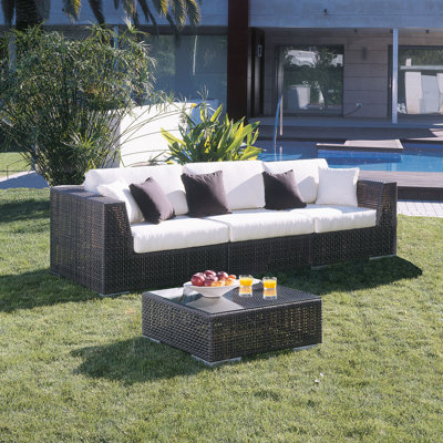 Hospitality Rattan Soho Patio Sofa With Sunbrella Cushions Color Gavin Mist