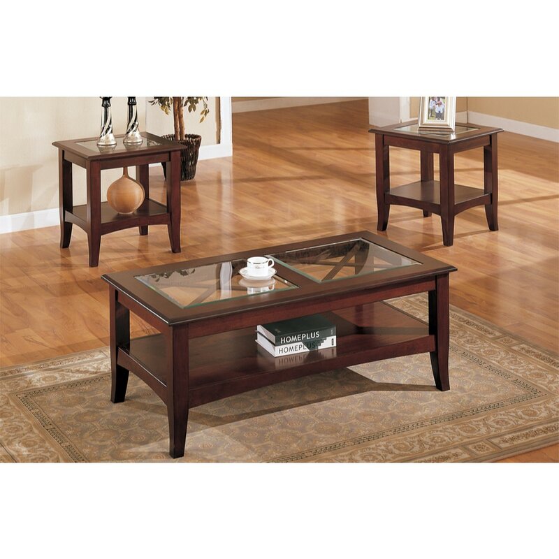 charlton home holte wooden 3 piece coffee table set with glass top