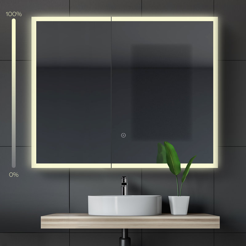 Latitude Run Angeal Bathroom Recessed Or Surface Mount Framed 1 Door Medicine Cabinet With 4 Adjustable Shelves And Led Lighting And Electrical Outlet Wayfair