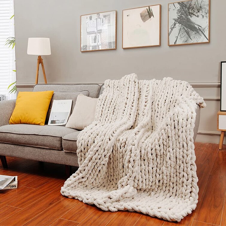 Chunky Knit Throw Blanket Soft Cozy Chenille Casual Handwoven Blanket for Bed Sofa Chair Home Decor Beige, 60 × 60 
