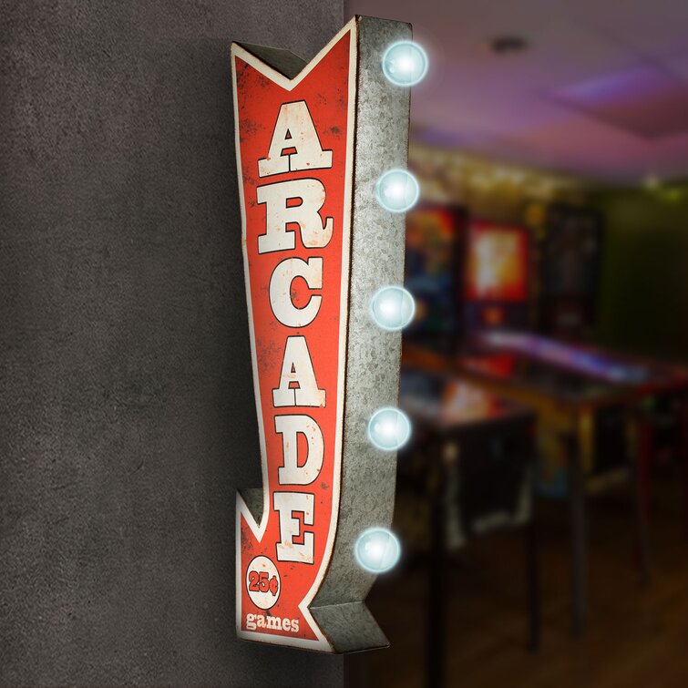 or Man Cave 25 Double Sided Arrow Shaped Sign Neon Arcade LED Sign Retro Design Bar Marquee Style LED Light Bulbs Battery Operated Wall Mounted Home Decor for Game Room