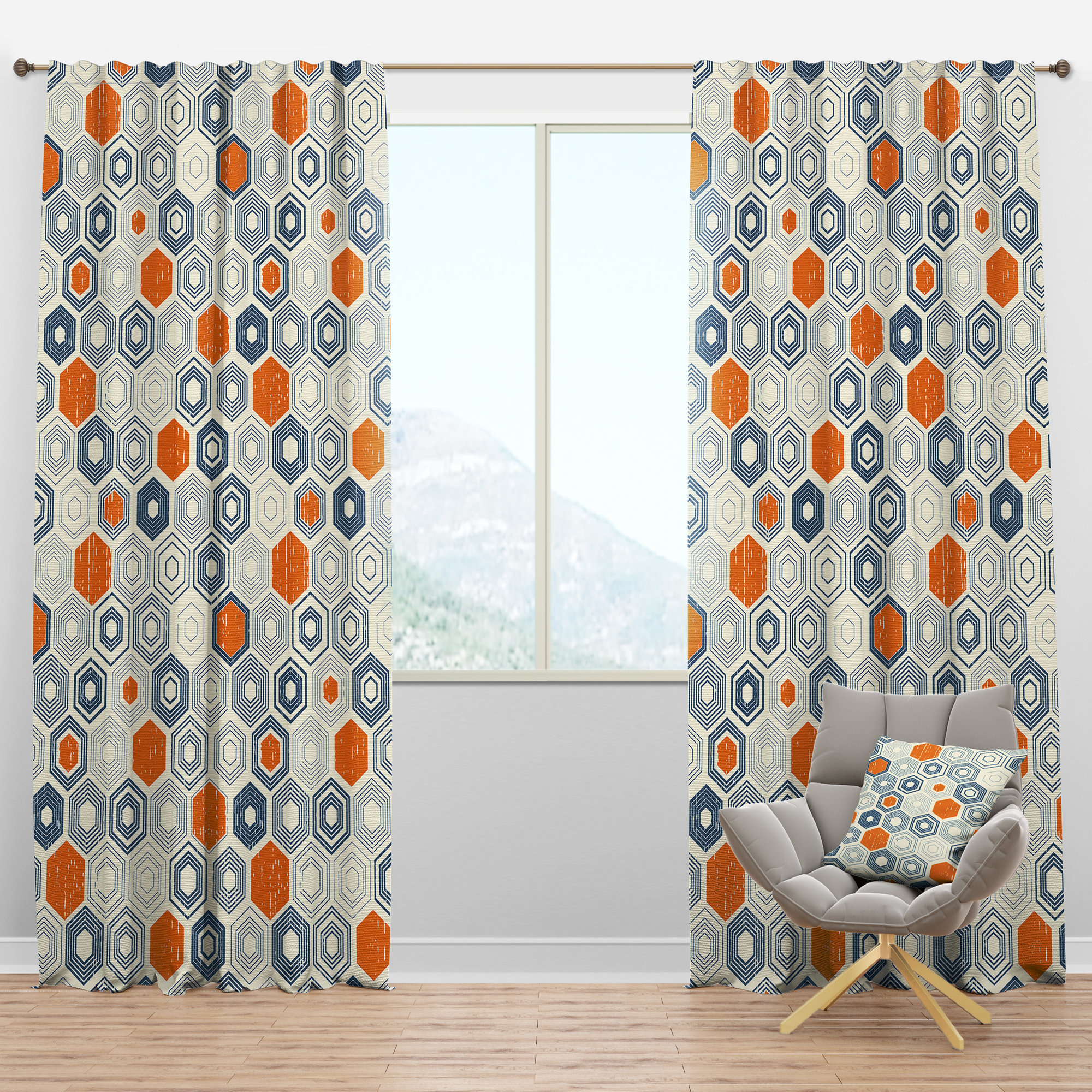 Designart Mid Century Hexagon Ix Geometric Semi Sheer Thermal Rod Pocket Single Curtain Panel Wayfair